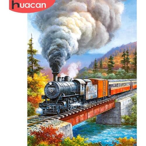 HUACAN Full Square/Round Diamond Art Painting Kits Train Landscape Embroidery Cross Stitch Home Decor Gift