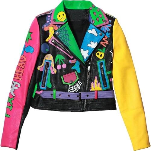 NEWDISCVRY 2020 New Fashion Colorful Rainbow Jacket Women Print Yellow Sleeve Street Short Leather Jacket Zipper Motorcycle Coat