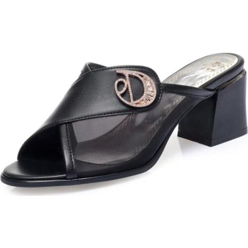 2020 Hot New Summer Rhinestone Mesh Genuine Leather Sandal Slippers Soft Comfort Women Sandals Fashion Elegant High Heel Sandals