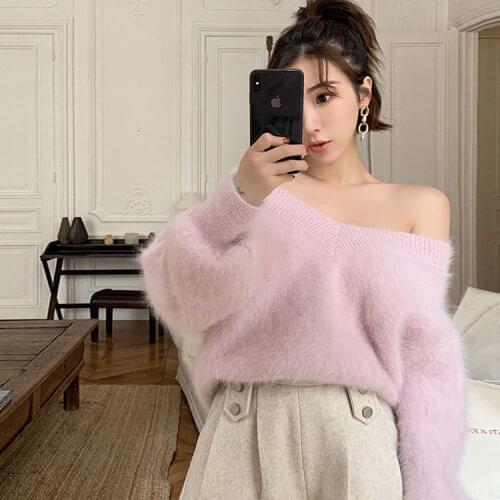 New mink sweater in autumn and winter womens loose herringbone neck off shoulder V-Neck Sweater