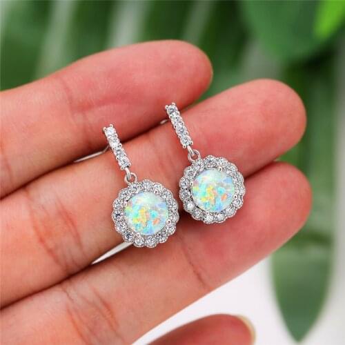 Bride Flower Round Stone Dangle Earrings Cute Female White Blue Opal Drop Earrings Charm Silver Color Wedding Earrings For Women