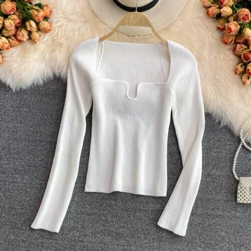 Autumn Elegant Retro Square Collar Slim Thin Clavicle Sexy Knit Sweater Womens Slim Top Long Sleeve Solid pullover jumper