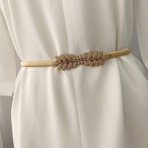 European and American Fashion Women Elastic Waist Chain Metal Leaf Buckle Gold Thin Belts for Women Decoration Dress Ceinture
