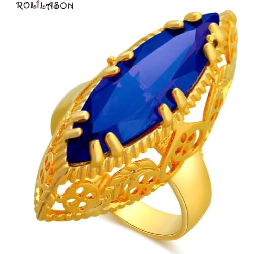ROLILASON Royal Blue Zircon Gold Tone Engagement Fashion Jewelry for Women Luxury Rings USA Size #7#8#9#10#11 JR2138