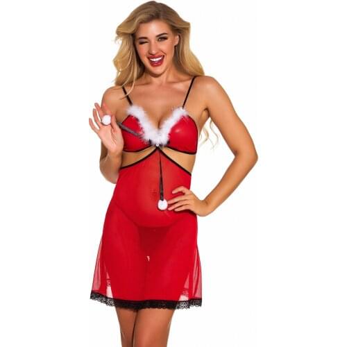 Christmas Women Sexy Sling Nightwear Plush Dress Dangling Balls Deep V-Neck See-Through Backless Dress + G-string
