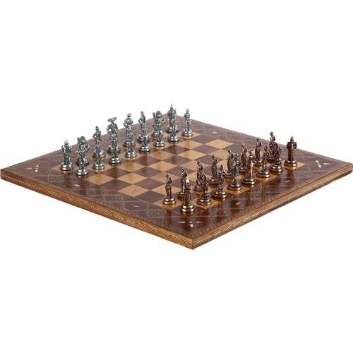 Historical Spanish Royal Guards Metal Chess Set,Handmade Pieces,Natural Solid Wooden Chess Board,Original Pearl,King 7 cm