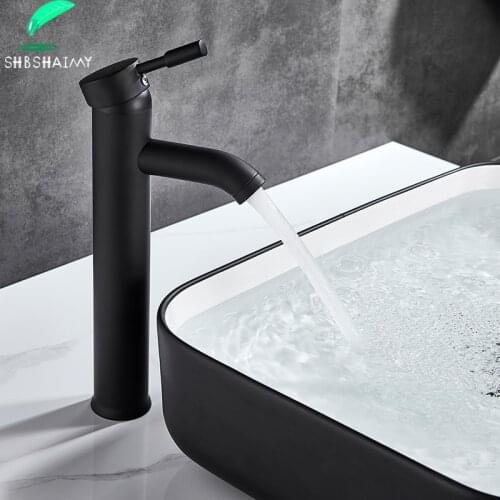 SHBSHAIMY Basin Faucet Black Deck Mounted Brass Body Glass Spout Bathroom Faucet Single Handle Cold Hot Water Mixer Tap