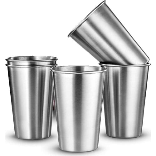 5PCS 304 Stainless Steel Pint Cup Water Tumblers Unbreakable Stackable Brushed Metal Drinking Glasses Chilling Beer Glasses 16Oz