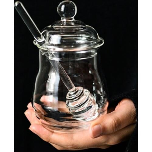250ml Glass Honey Jar High Borosilicate Glass Honey Pot with Dipper Spoon Small Kitchen Storage Jar Container for Honey Syrup