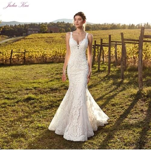 Julia Kui Sexy V-Neckling Illusion Appliques Arrangement Mermaid Wedding Dresses Cap Sleeves Vestido De Noiva