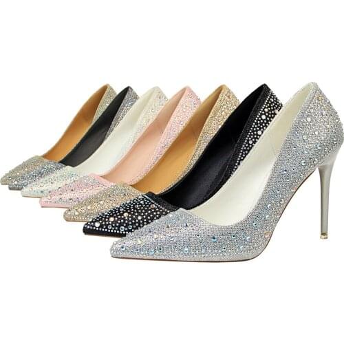 Fashion banquet womens shoes thin heel shallow mouth pointed sexy show thin diamond color diamond high single shoes