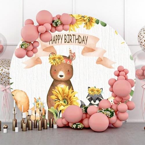 Vinyl Wood Circle Backgrounds For Photography Animals Bear Happy Birthday Party Jungle Forest Sunflowers Poster Round Backdrops