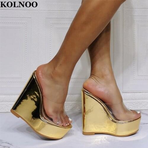 KOLNOO Handmade Womens Wedges Heeled Sandals PVC Leather Peep-Toe Sexy Real Photos Slippers Evening Party Prom Fashion Shoes