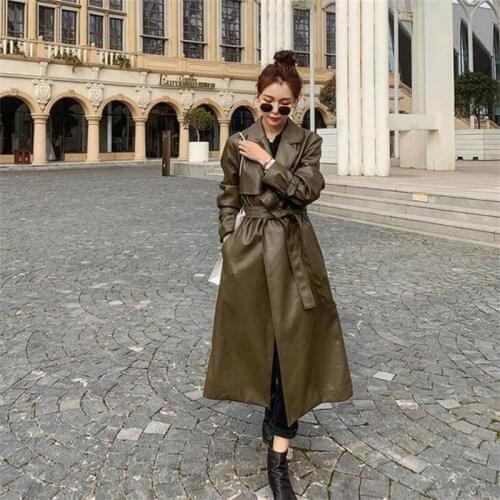 Long leather trench coat womens 2021 spring autumn new mid-length lace-up waist coat jaquetas дождевик тренч женский длинный