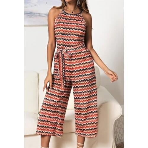 Women Holiday Beach Sleeveless Striped Wide Leg Jumpsuit Playsuit Romper W/ Pocket