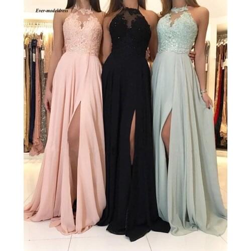 Sexy Long Prom Dresses 2019 Split Appliques Beaded Chiffon Formal Party Gowns Evening Dress vestido de festa longo Cheap