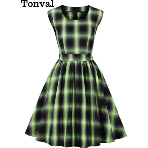 Tonval Green and Black Plaid Vintage Slim Pleated Dresses for Women O-Neck Sleeveless Party Retro Fashion Dress 2021