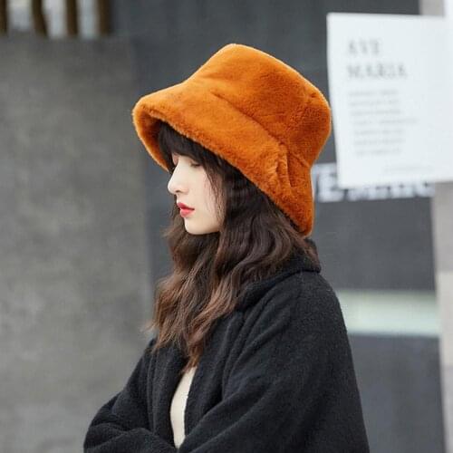 Winter Women Solid Color Flat Top Wide Brim Warm Plush Fisherman Hat Bucket Cap