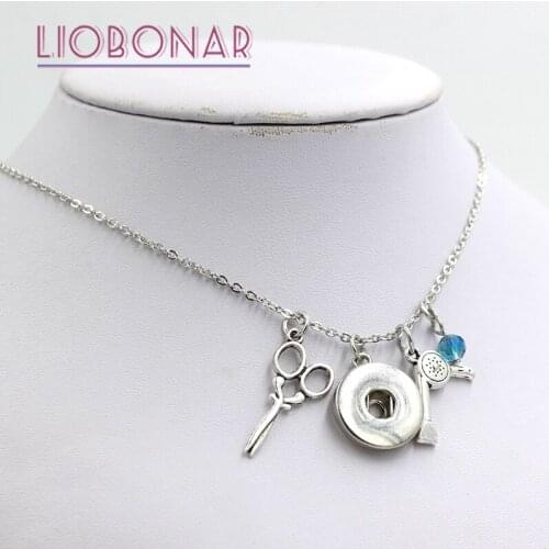 1PC Scissors Necklace Gift Birthstone Charm Hair Stylist Hair Dryer Scissor Snap Necklace Fit 18mm Button Jewelry
