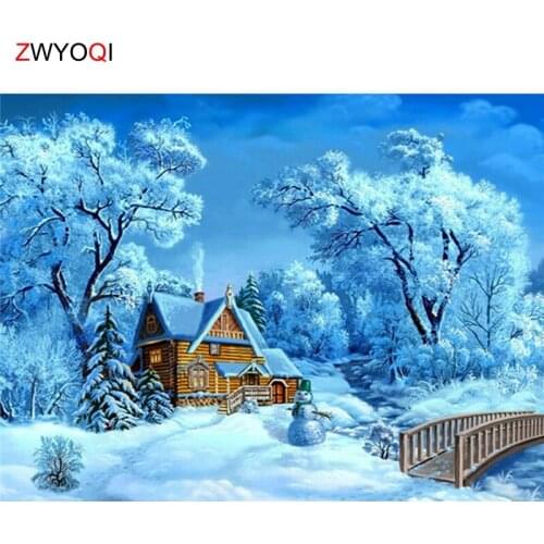 5D DIY Diamond embroidery Cross stitch Full Round Diamond painting Snow Full Square Diamond mosaic Snow Snow house tree Bridge