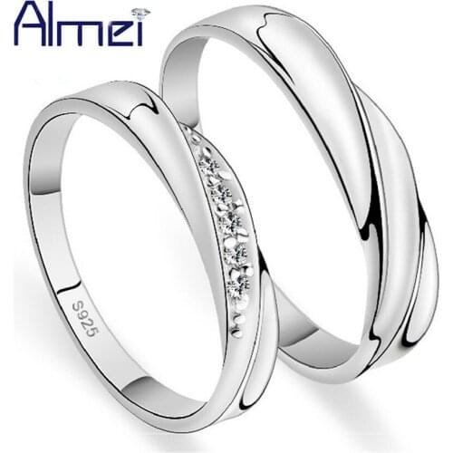 Almei 30% off Couple Rings for Men Women Silver Color Mens Jewelry CZ Zircon Pair Ring Lover Gifts Wedding Anel Feminino J293
