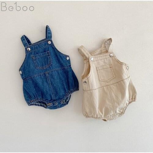 Ins 2021 Spring Baby Boys Denim Jumpsuit Summer Cotton Girls Bodysuits Newborn Bag Fart Clothes 0-24m Climbing Fashion Clothing
