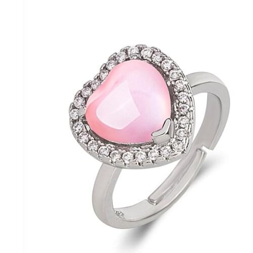 Romantic Style Silver Plated Love Heart Rose Pink Quartz Resizable Finger Ring with Rhinestone for Valentines Day Jewelry