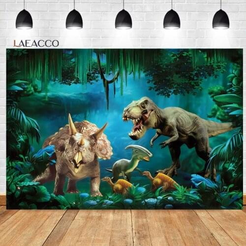 Laeacco Birthday Jungle Party Jurassic World Cartoons Dinosaur Newborn Photocall Backgrounds Baby Shower Photography Backdrops