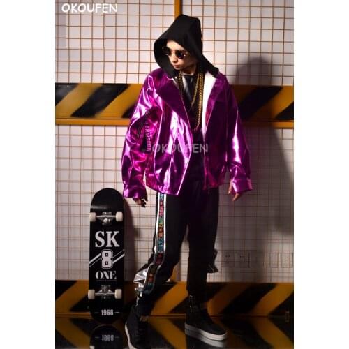 Fashion Purple leather hooded baseball uniform jacket costumes nightclub bar hairdresser costume hiphop dance wear