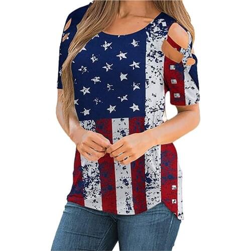 Fashion Loose Hollow Sexy T-Shirt Summer Womens American Independence Day Printed Short-Sleeve Oversized Female O-Neck Daily