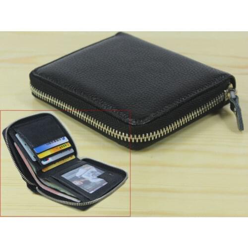 Fashion Mens Genuine Leather Wallet zip around Short money clip Leather Clutch wallet Coin Bag Purse Black Free ship WL007