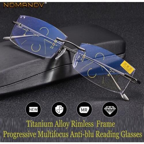 NOMANOV = Progressive Multifocal Reading Glasses Titanium Alloy Rimless Diamond Cut See Near And Far TOP 0 ADD +0.75 To +3