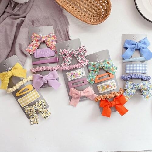5pcs Flower Print Bowkot Hair Clips Scrunchies Set Hair Bows Girls Sweet Kids Hairpins Korean Barrettes Hair Grips Accessories