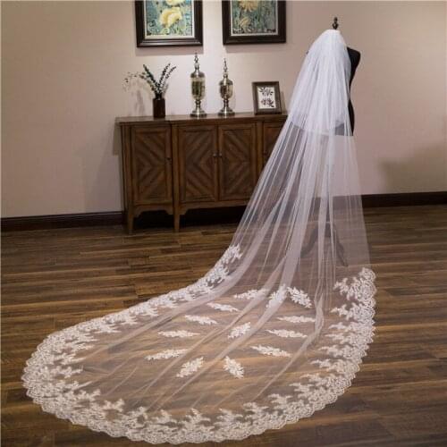New Wedding Veils 3M Length Lace Appliques White Ivory with Comb One Layer Tulle Bridal Veil Custom Made Wedding Accessories
