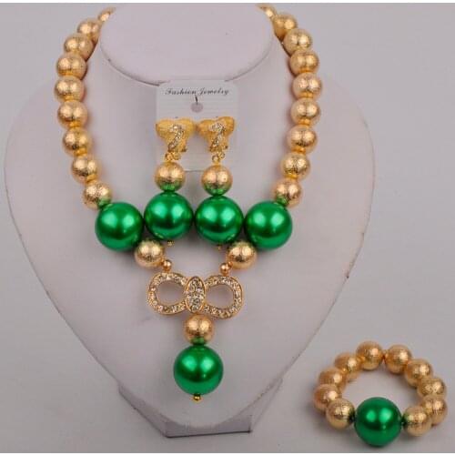 New Green Pearl Jewelry for Women Dubai Gold African Necklace Earrings Bracelet Fashion Party Bridal Wedding Jewelry Gift