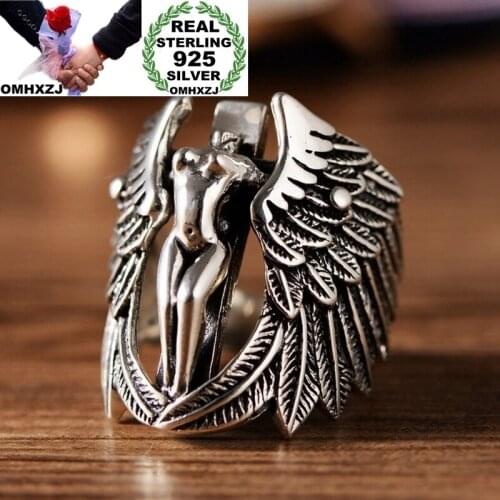 OMHXZJ Wholesale European Fashion Hot Jewelry Man Male Party Birthday Wedding Gift Vintage Cross Wing Open Tai Silver Ring RR836