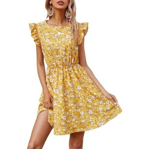 Summer Fashion Dress Flying Sleeve A-line Female Women Round Neck Mini Dress for Picnic Big Hem Hight Waist Beach Dresses