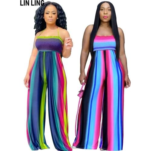 LINLING Womens Casual Loose Plus Size Jumpsuits Stripe Print Spaghetti Strap Wide Leg Pants Jumpsuits for Women