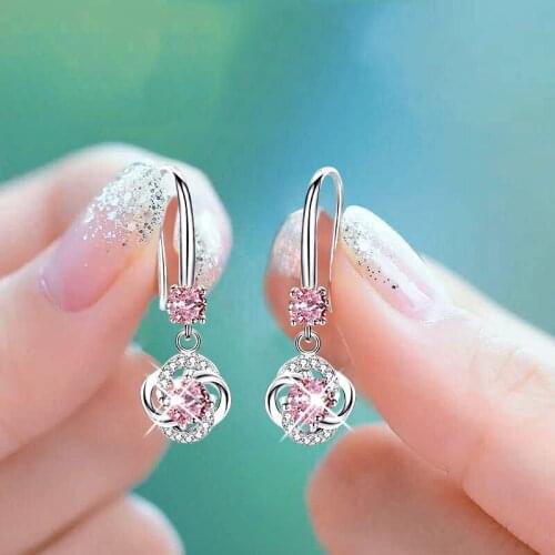 Luxury Female Pink Crystal Drop Earrings Classic Silver Color Dangle Earrings Dainty Zircon Flower Wedding Earrings For Women