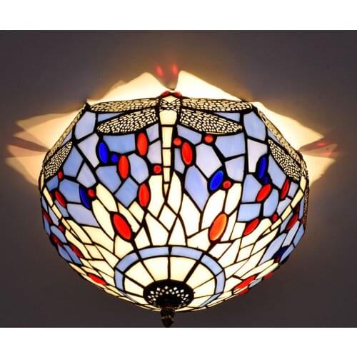 30cm Mediterranean Blue Dragonfly Beads Colored Glass Restaurant Bedroom Aisle Corridor Bathroom Glass Ceiling Lamp