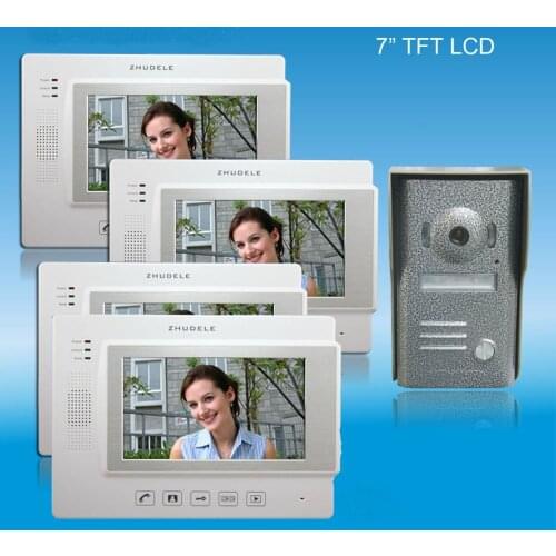 ZHUDELE Home security intercom 7" luxury color video door phone,CCD camera ,touch screen with SD CARD, unlocked phone (1 to 4)