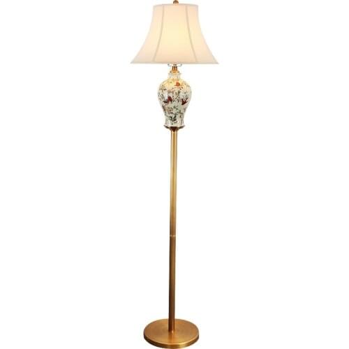 Vintage Country Hand Painted Birds Ceramic Copper Fabric E27 Floor Lamp for Living Room Bedroom Study Deco H 160cm 2188