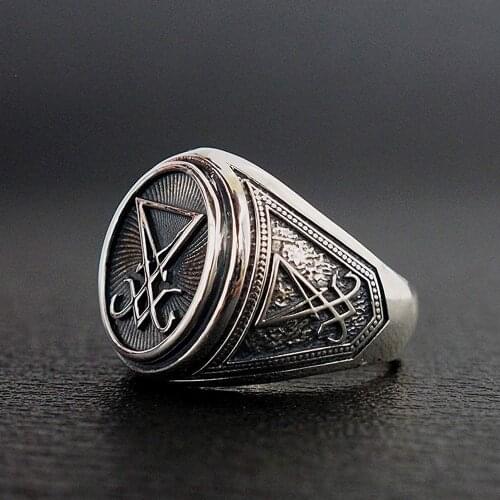 Vintage Gothic Lucifer Satan Signet Ring Fashion Punk Stainless Steel Seal Ring Men and Women Pagan Party Jewelry Gift Wholesale
