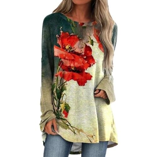 2021 Autumn Women Top Blouse Flower Print Loose Women Long Sleeve Blouse Round Neck Tops Pullover Female Streetwear