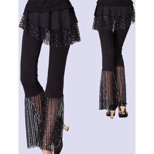 Women Ballroom Dance Practice Trousers Sequins adult Dance Practice Clothes Stretchy Long flared Pants Performance Wear
