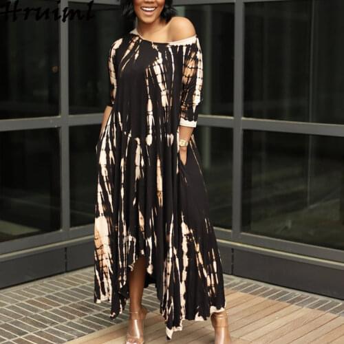 New Style Long Dress Wide Neck Tie-dye Dress Women Pockets Casual Ankle-Length O-Neck Lrregular Hem Loose Vestidos Largos
