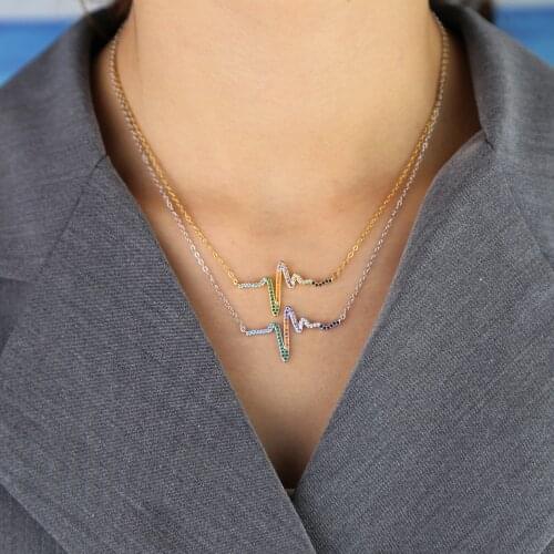 2021 Gold Silver Color Colorful Cz Rainbow Fun ECG Charm Heartbeat Pendant Necklaces For Women Girl Fashion Jewelry Party Gifts