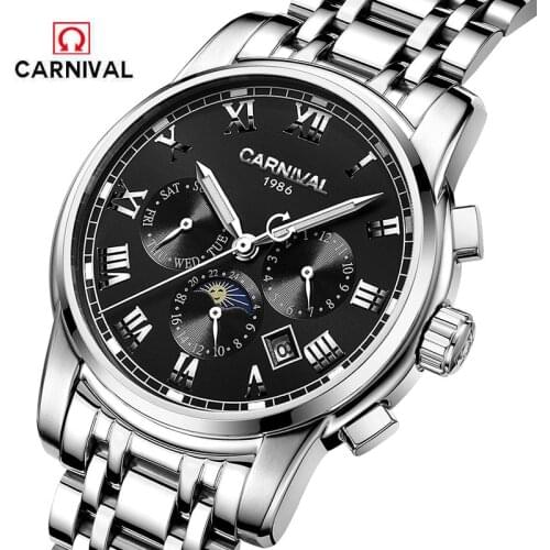 CARNIVAL Business Watch Men Automatic Mechanical Wrist Wristwatch Full Steel Male Clock Relogio Masculino Waterproof Calendar