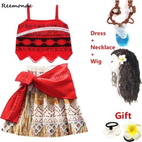 Movie Moana Costumes Princess For Children Skirt Necklace Swimsuit Moana Synthetic Wigs Hair Kids Girls Fancy Dress