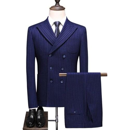 Double-breasted dark blue suit mens slim striped suit three-piece jacket, pants, vest mens business formal suit